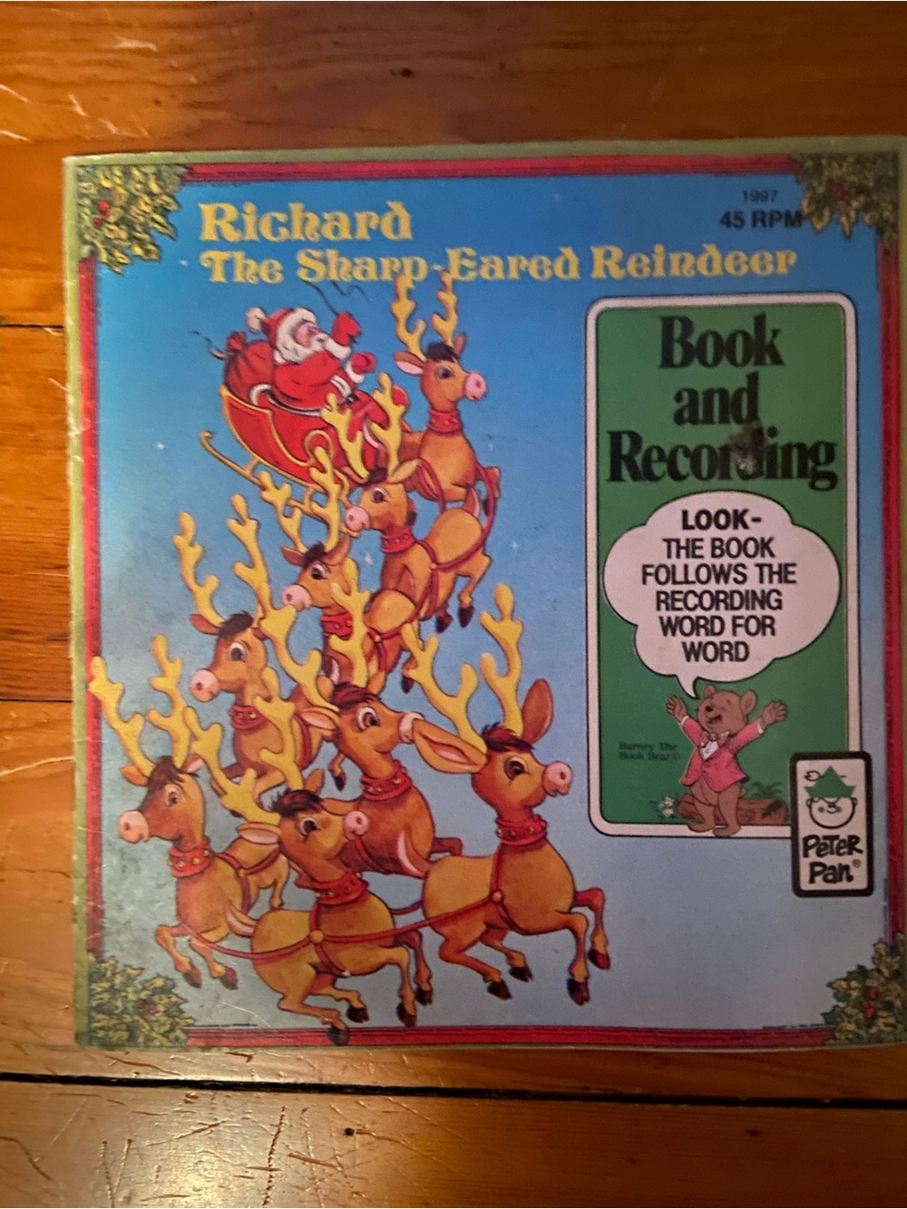 Vintage Christmas 80s Santa Claus sleigh Reindeer children’s Book & Record holly